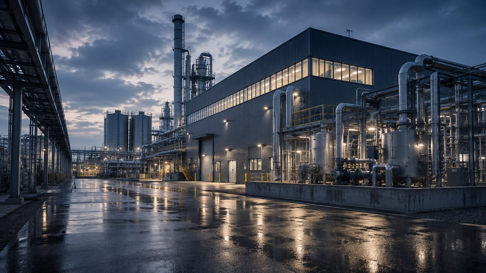 Industrieanlage mit beleuchteten Gebäuden in der Abenddämmerung
