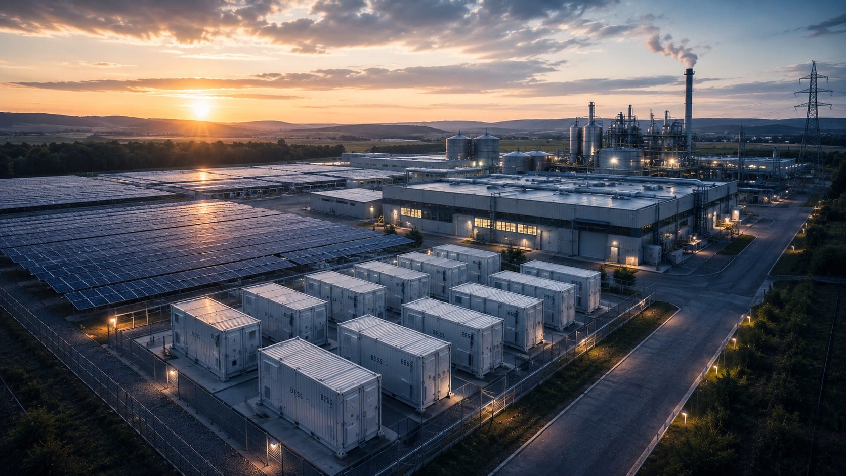 Luftaufnahme eines Industriestandorts mit Photovoltaikanlage und Batteriespeichern
