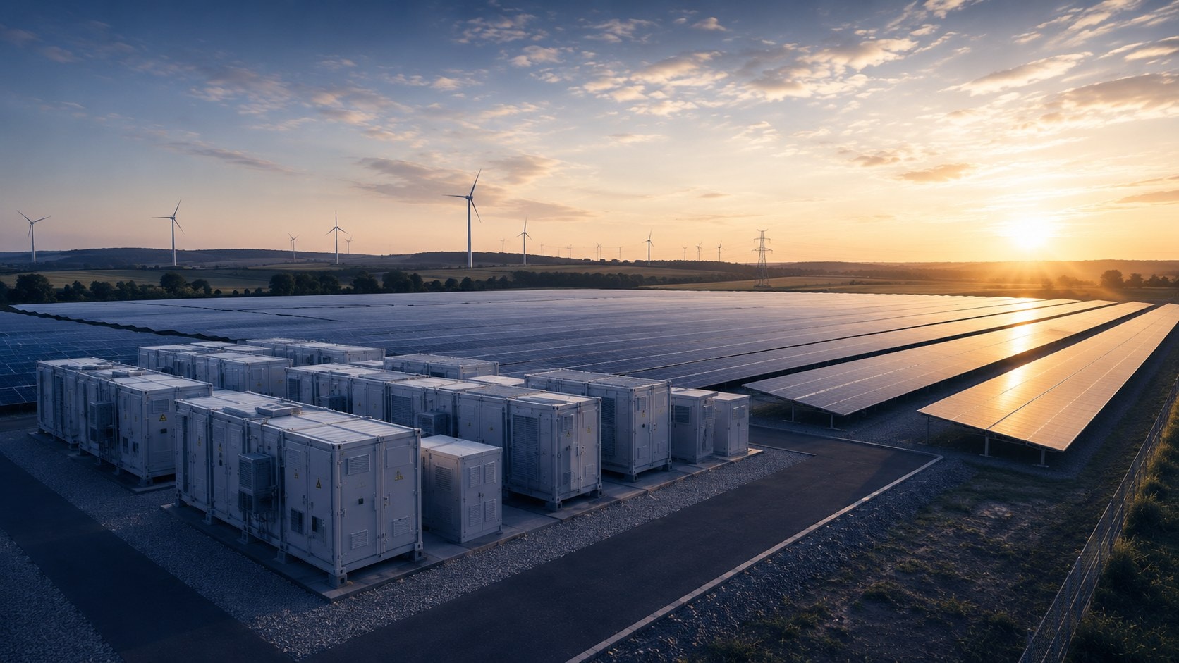 Luftaufnahme einer Photovoltaik-Freiflächenanlage mit Batteriespeichercontainern und Windkraftanlagen im Morgenlicht